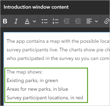 Texto que describe el contenido del mapa introducido en Contenido de la ventana de introducción debajo del primer párrafo de texto