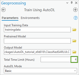 Herramienta Entrenar con AutoDL con Límite de tiempo total establecido en 4 horas