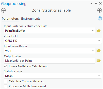 Parámetros de Estadísticas zonales como tabla