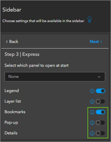 Los ajustes Marcadores, Elemento emergente y Detalles configurados en el panel Barra lateral