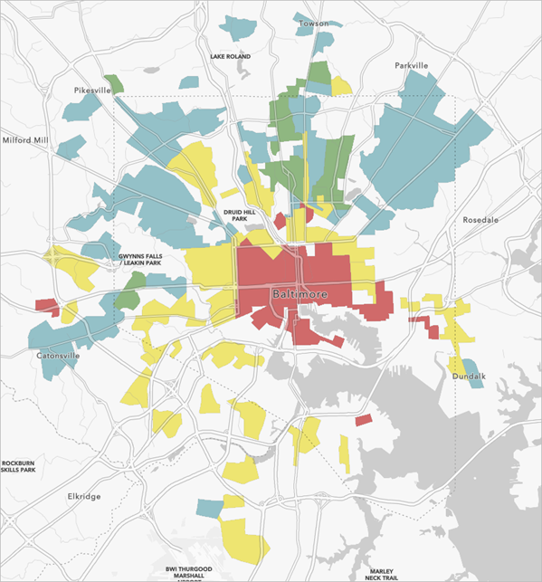 La capa Mapping Inequality Redlining Areas visible en el mapa