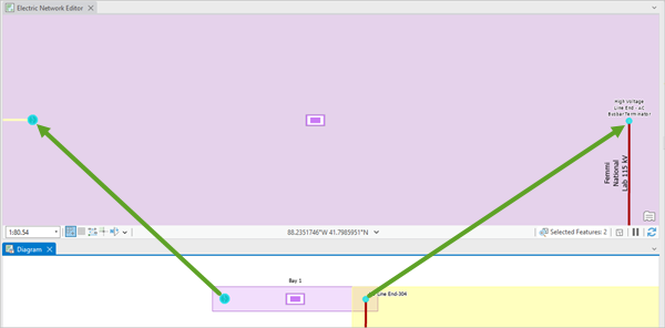 Entidades seleccionadas en el diagrama y el mapa