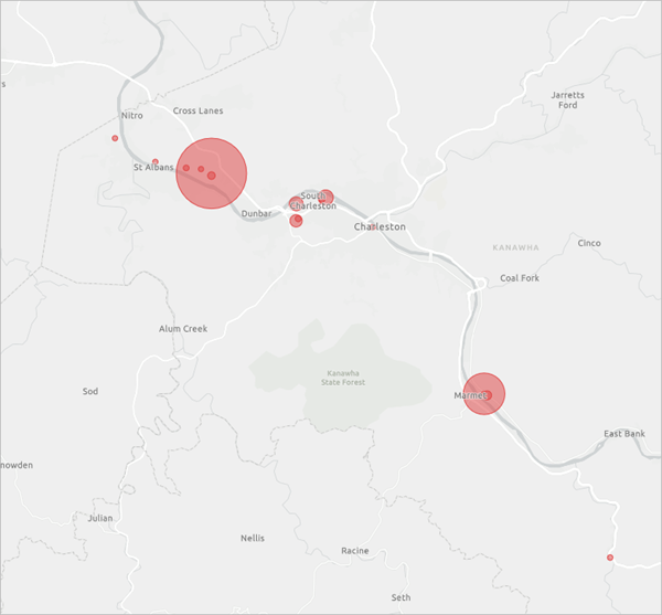 Mapa que muestra el estilo actualizado de la capa KanawhaTRI.