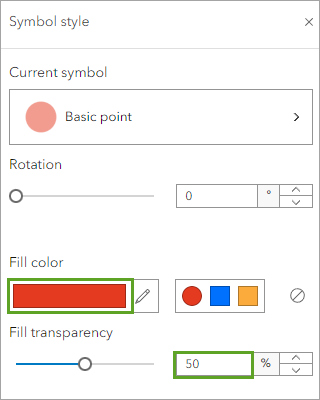 Color de relleno establecido en rojo y Transparencia de relleno establecida al 50% en la ventana Estilo de símbolo.