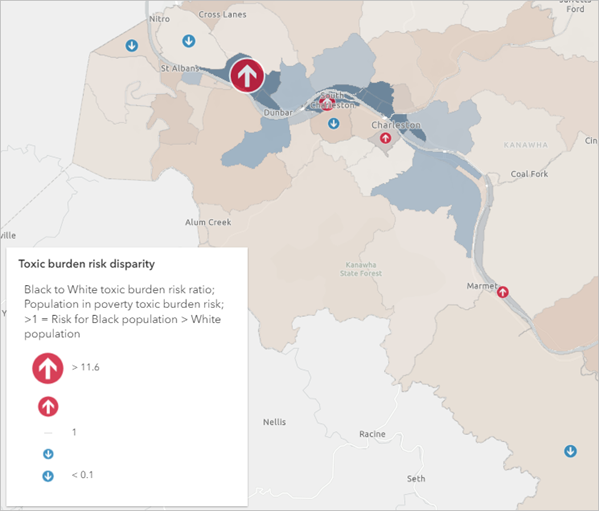 Mapa que muestra la disparidad en el riesgo de carga tóxica entre las poblaciones blanca y negra.