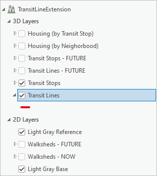 Capa Transit Lines en el grupo Capas 3D