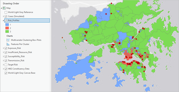 Carte de Hong Kong avec des agrégats de bleu, de rouge et de vert