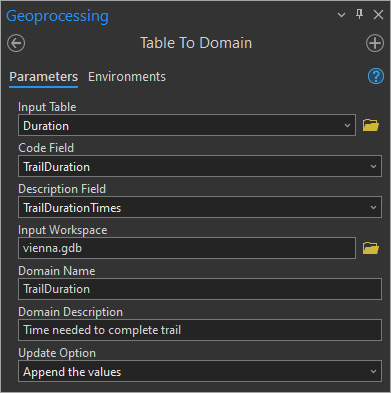 Paramètres de l’outil de géotraitement Table vers domaine