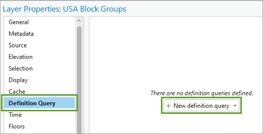 Bouton New definition query (Nouvel ensemble de définition) sur l’onglet Definition Query (Ensemble de définition) dans la fenêtre Layer Properties (Propriétés de la couche).