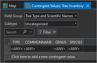 Vue des sous-types où Groupe de champs est défini sur Type d’arbre et noms scientifiques