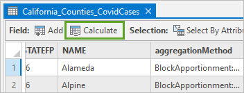 Bouton Calculer sur la barre d’outils de la table attributaire