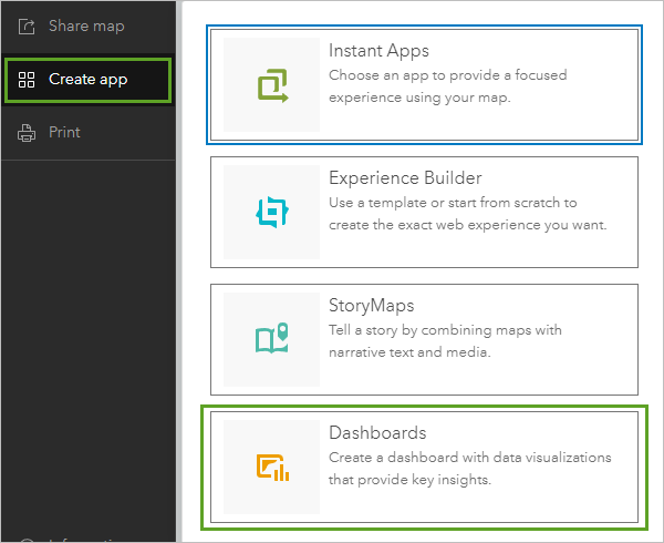 Option Dashboards (Tableaux de bord) dans le menu Create app (Créer une application)