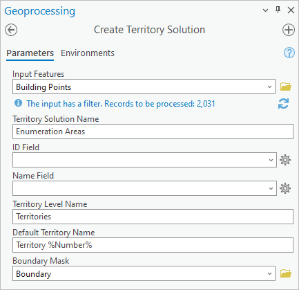 Paramètres de l’outil Create Territory Solution (Créer une solution de sectorisation)