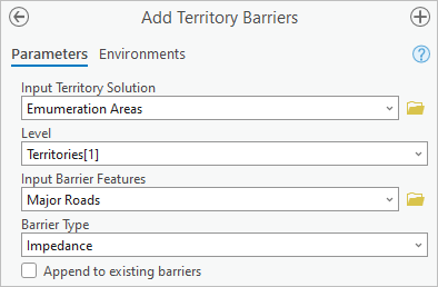 Paramètres de l’outil Add Territory Barriers (Ajouter des interruptions de sectorisation)