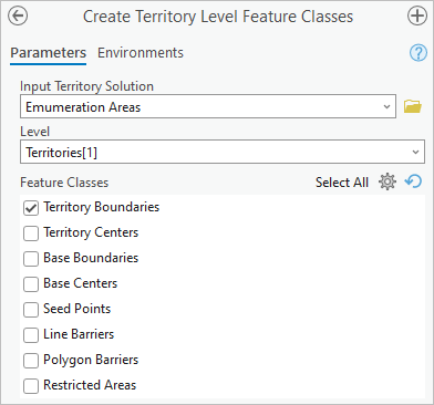 Paramètres de l’outil Create Territory Level Feature Classes (Créer des classes d’entités du niveau de sectorisation)