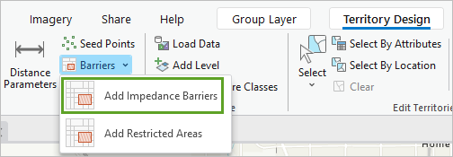 Add Impedance Barriers (Ajouter des interruptions d’impédance) dans le menu Barriers (Interruptions) sur l’onglet Territory Design (Conception de sectorisation)