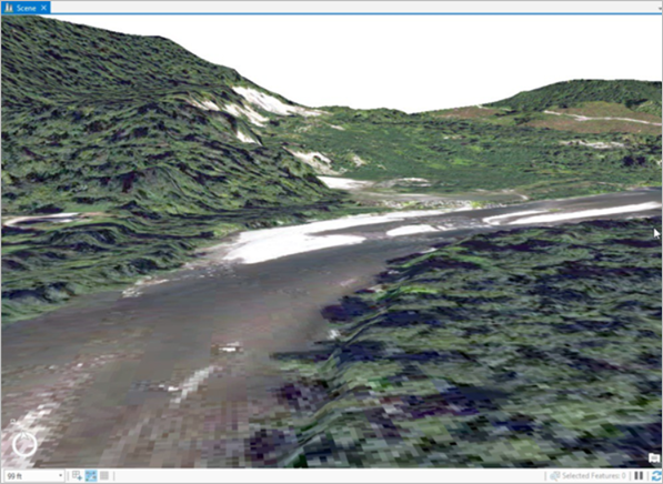 Vue 3D de la rivière à proximité de la zone de la coulée de boue