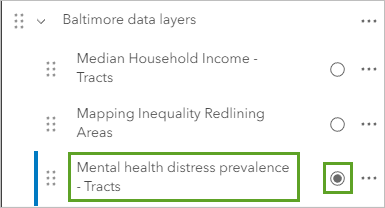 Couche Mental health distress prevalence sélectionnée et activée dans la fenêtre Layers (Couches)