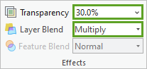 Option Transparency (Transparence) définie sur 30 % et option Layer Blend (Fusion de couches) définie sur Multiply (Multiplier)
