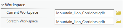 Current Workspace (Espace de travail courant) et Scratch Workspace (Espace de travail temporaire) sont définis sur Mountain_Lion_Corridors.gdb.