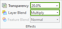 Option Transparency (Transparence) sur 20 % et option Layer Blend (Fusion de couches) définie sur Multiply (Multiplier)