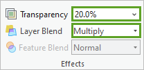 Option Transparency (Transparence) définie sur 20 % et option Layer Blend (Fusion de couches) définie sur Multiply (Multiplier)