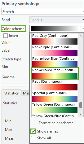 Combinaison de couleurs Red-Yellow-Green (Continuous) (Rouge-Jaune-Vert (Continu)) sélectionnée