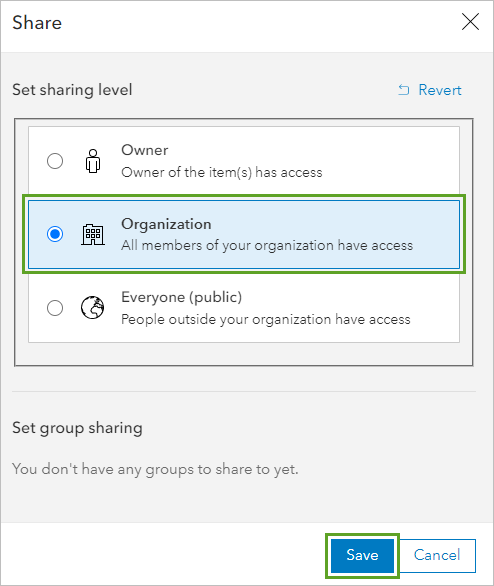 Options Set sharing level (Définir le niveau de partage)