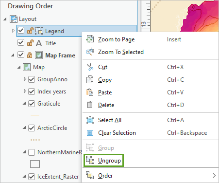 Option Ungroup (Dissocier) dans le menu contextuel de Legend (Légende)