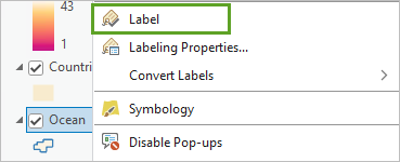 Label (Étiquette) dans le menu contextuel de la couche Ocean (Océan)
