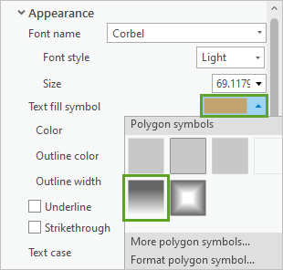 Option Linear gradient fill (Remplissage en dégradé linéaire) dans le menu Text fill symbol (Symbole de remplissage de texte)