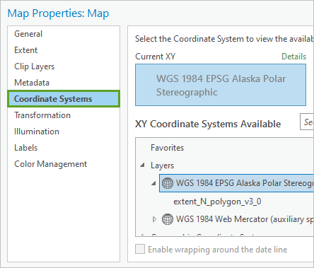 Onglet Coordinate Systems (Systèmes de coordonnées) dans la fenêtre Map Properties (Propriétés de la carte)