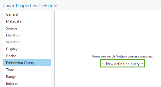 Bouton New definition query (Nouvel ensemble de définition) dans la fenêtre Layer Properties (Propriétés de la couche)