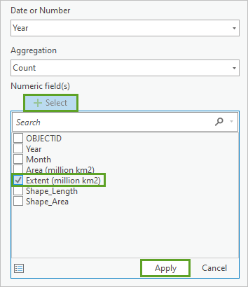 Option Extent (Étendue) sélectionnée dans la liste Numeric field(s) [Champ(s) numérique(s)]