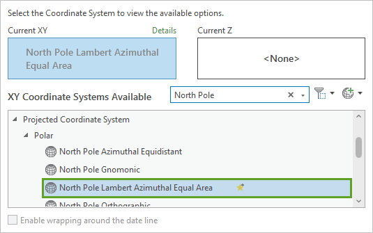 Système de coordonnées North Pole Lambert Azimuthal Equal Area (Projection azimutale équivalente de Lambert pour le pôle Nord) sélectionné dans la fenêtre Map Properties (Propriétés de la carte).