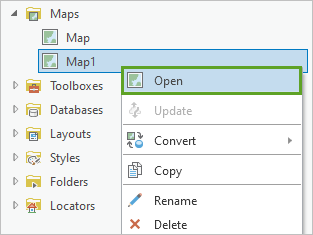 Option Open (Ouvrir) dans le menu contextuel de Map1 (Carte1)