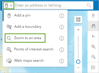 Option Zoom to an area (Zoom sur une zone) dans la barre de recherche