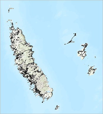 Nouvelle-Calédonie avec symbolisation des localisations peuplées