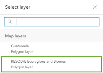 Fenêtre Select layer (Sélectionner une couche) avec couche sélectionnée