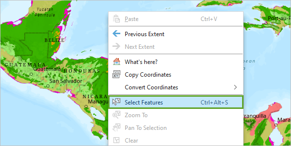 Option Select Features (Sélectionner des entités) dans le menu contextuel de la carte