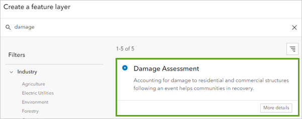 Modèle Damage Assessment (Évaluation des dommages) dans la fenêtre Create a feature layer (Créer une couche d’entités)