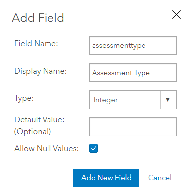 Fenêtre Add Field (Ajouter un champ) avec les paramètres remplis