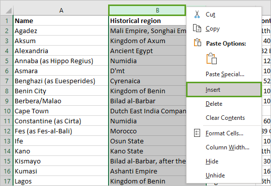 Option Insérer du menu contextuel de colonne