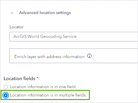 Option Location information is in multiple fields (Les informations de localisation se trouvent dans plusieurs champs) sélectionnée