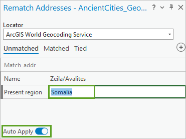 Pays Somalie renommé dans la fenêtre Rematch Addresses (Réapparier les adresses)