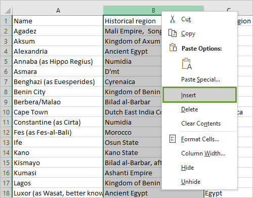 Option Insérer du menu contextuel de colonne