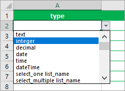 Option integer (nombre entier) du type de colonne