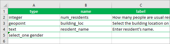 Colonne type définie sur select_one gender (sélectionner_un genre)