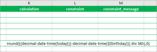 Formule de calcul de l’âge dans la colonne calculation (calcul)