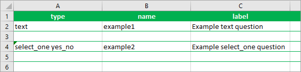 Maquette XLSForm par défaut avec des exemples de question